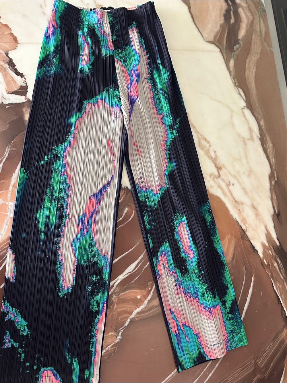 Issy Miyake Pleats Please Pleated Wide-Leg Bottoms in Navy with Multicolor Print